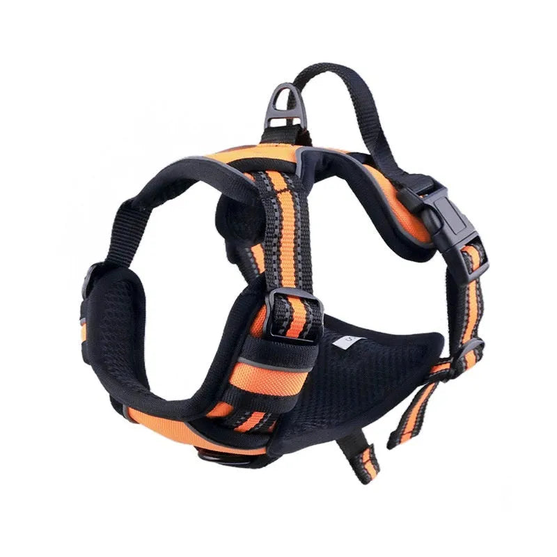 Adjustable dog chest harness in Oxford cloth, shown in multiple colours including red, blue, and black.