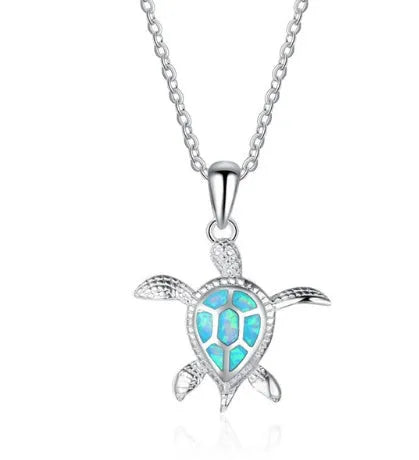 Silver filled blue opal sea turtle pendant necklace with vintage finish