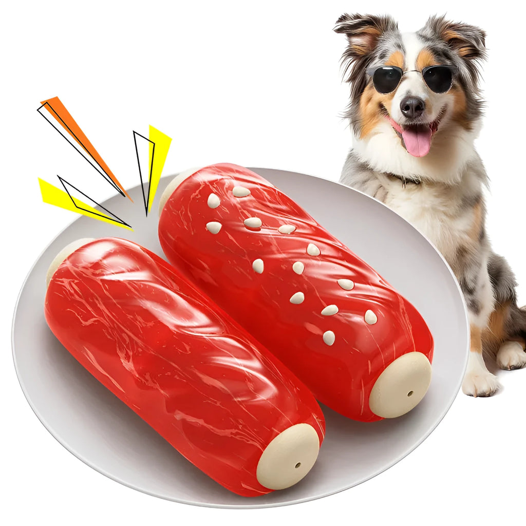 Primary colour natural rubber molar rod dog chew toy with textured ridges and hollow centre