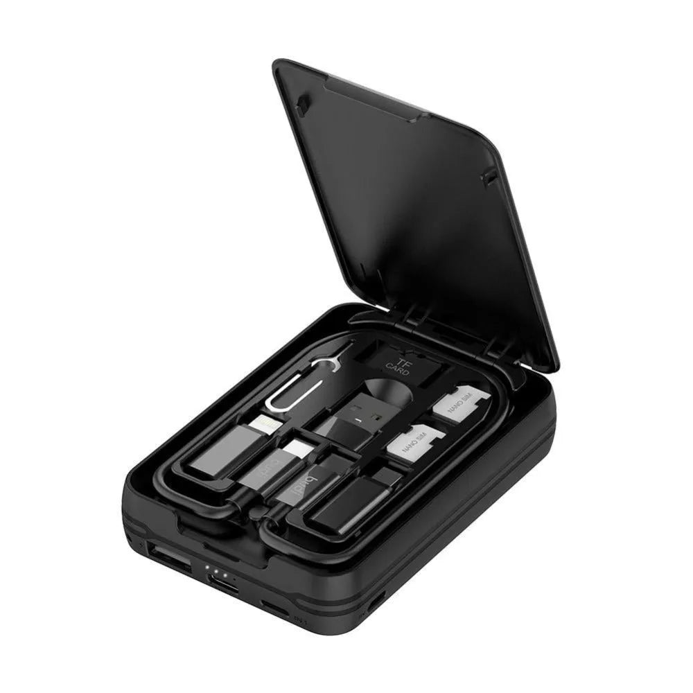 Black budi multi-functional power bank box with USB C cable, adapters, and SIM slots, 5000mAh capacity
