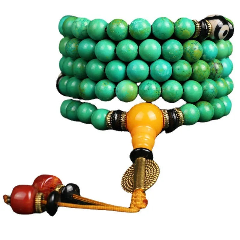 Natural turquoise bracelet with 108 polished 8mm round beads in traditional national style