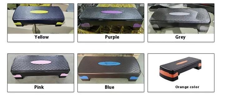 Fit step aerobics platform in grey, green, or orange, measuring 68 cm long by 28 cm wide and 15 cm high.