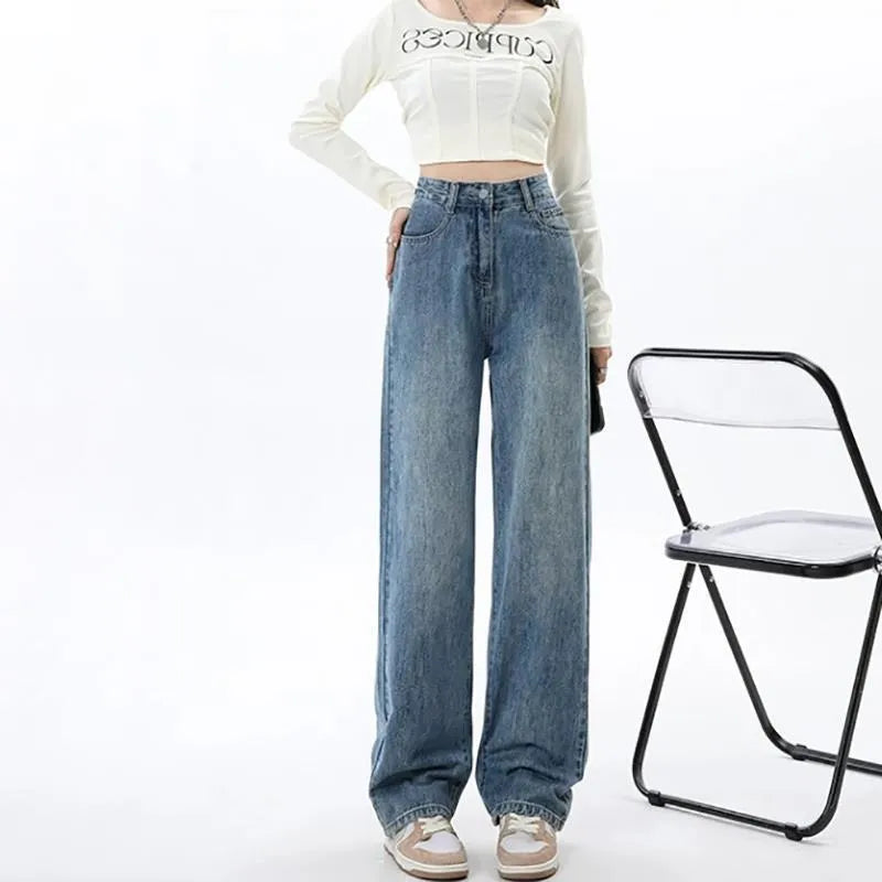Women’s retro blue high waist wide leg denim jeans, sizes S to 2XL