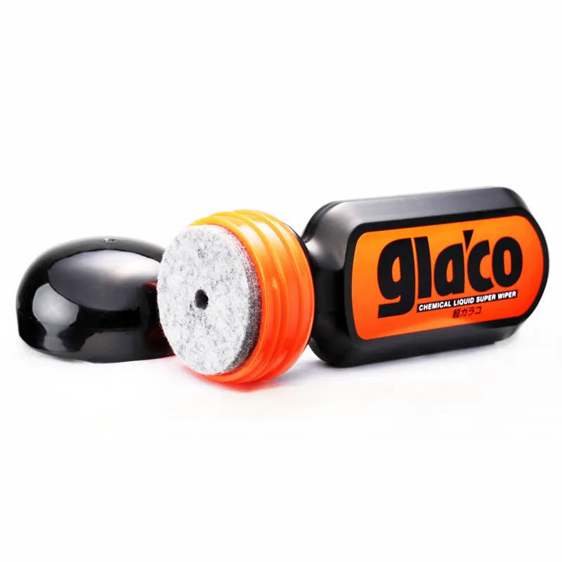 70ml bottle of transparent car glass rain repellent liquid with water beading on a windscreen.