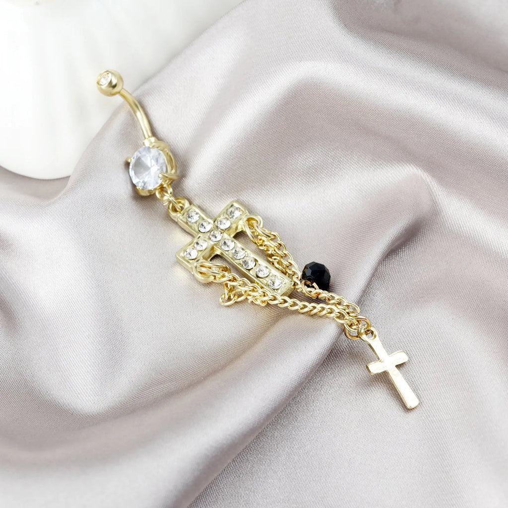Gold cross navel piercing belly ring in stainless steel with a geometric unisex design