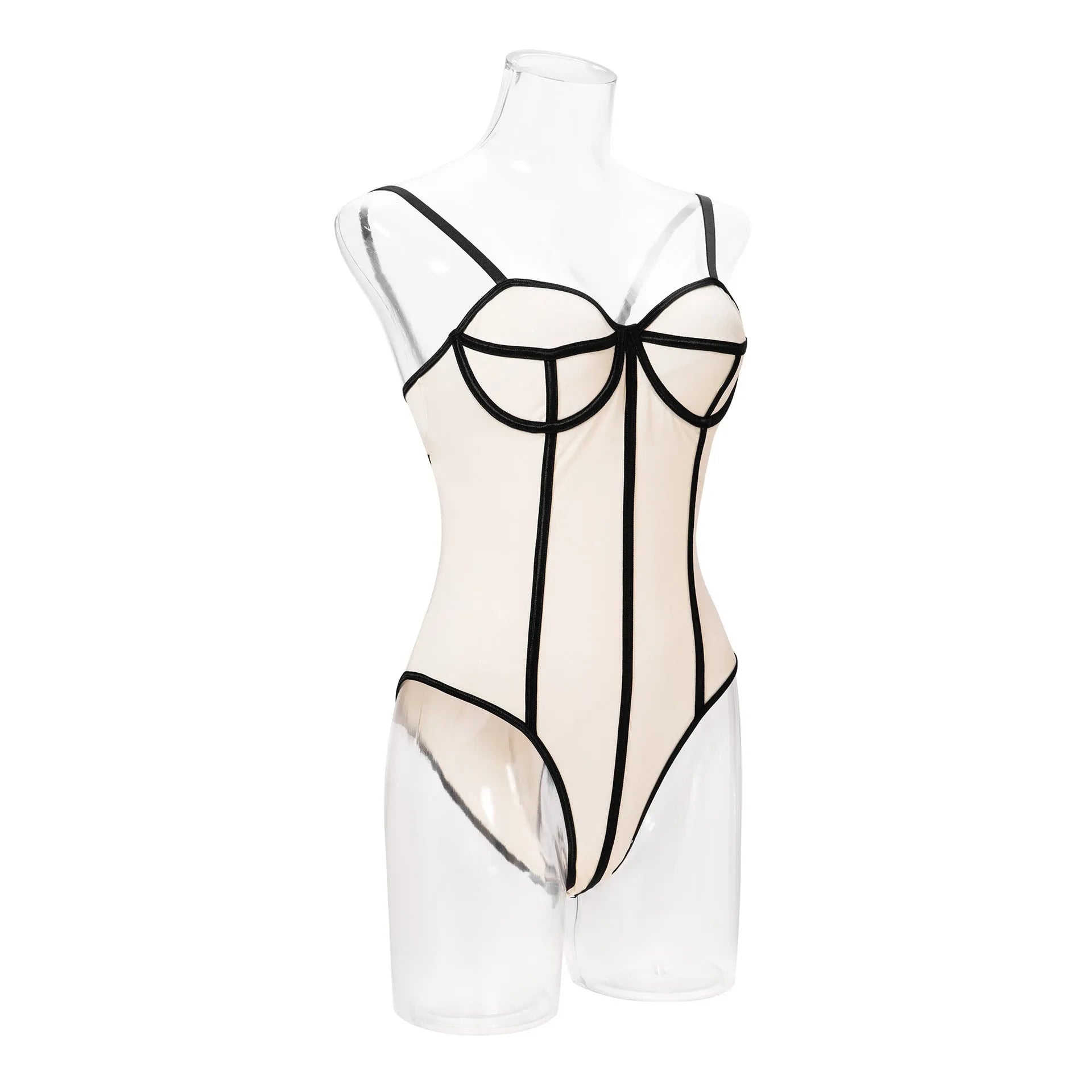 Women's khaki and white contrast colour sleeveless bodybuilding jumpsuit with shorts and hollow-out detailing.