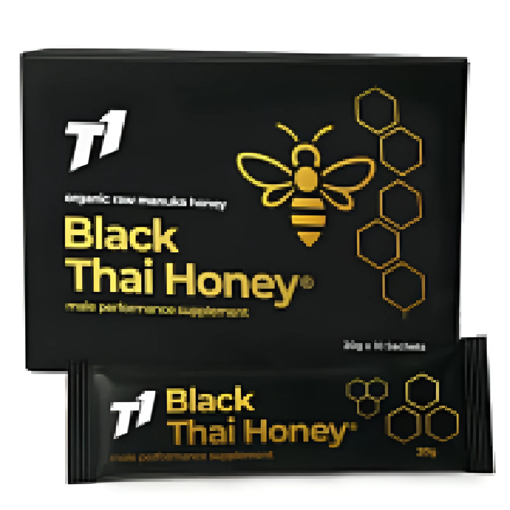 A jar of T1 Black Thai Honey with dark-coloured honey inside.