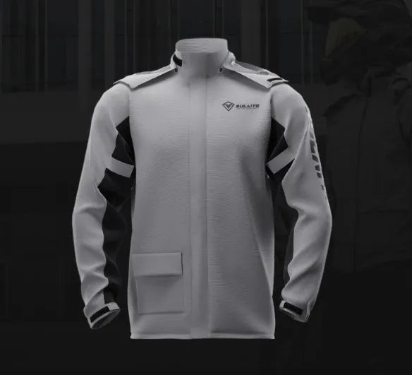 Adult motorcycle rain suit with raincoat, rain pants, shoe covers, and storage bag.
