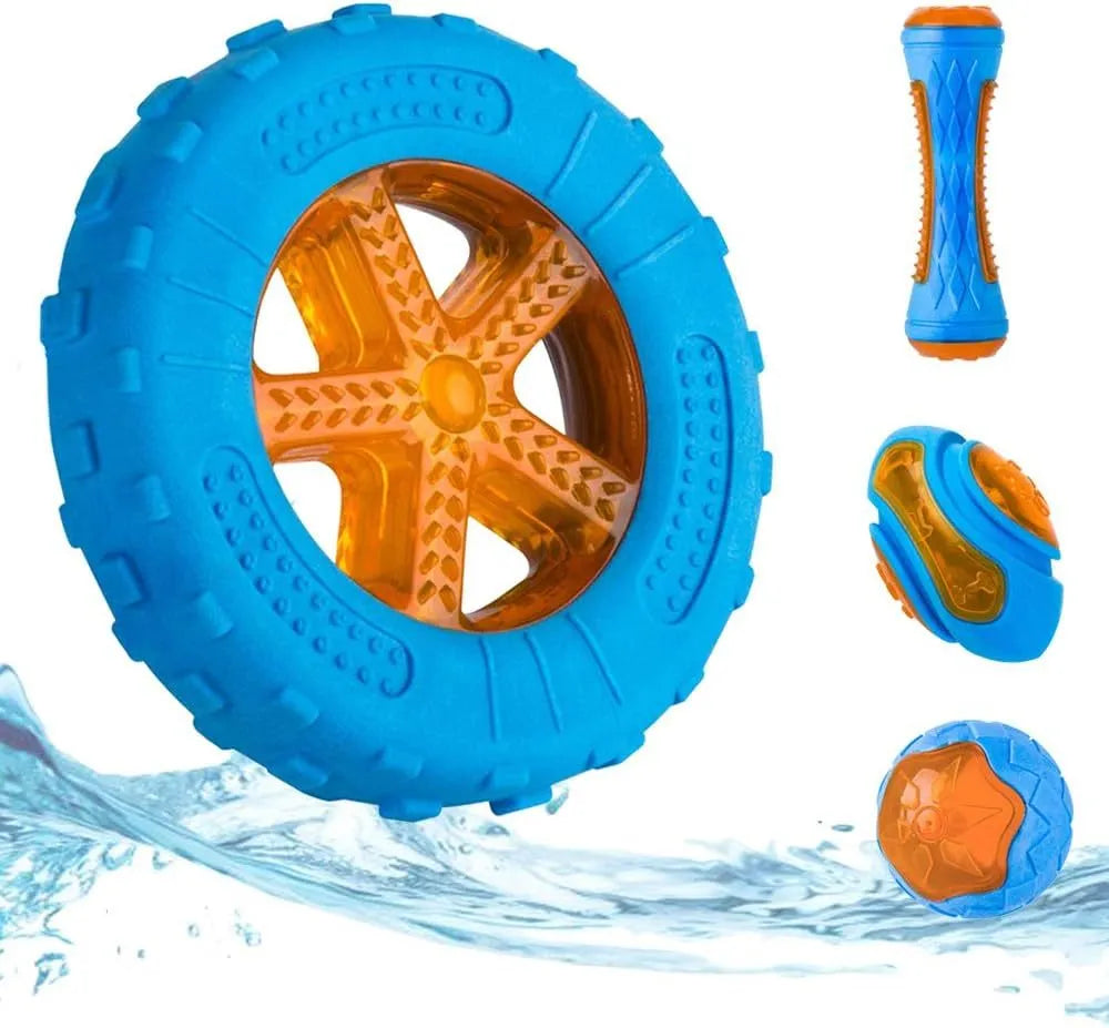Set of four colourful floating dog toys: a ball, a barbell, and two tyres, on a blue background.
