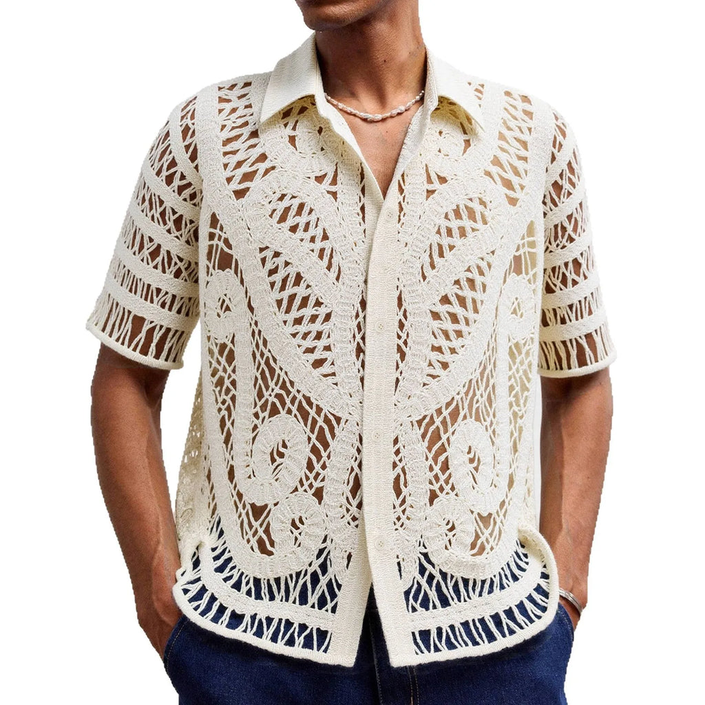 Men's hollow crochet cardigan polo shirt in apricot acrylic knit with flocking detail short sleeves regular fit
