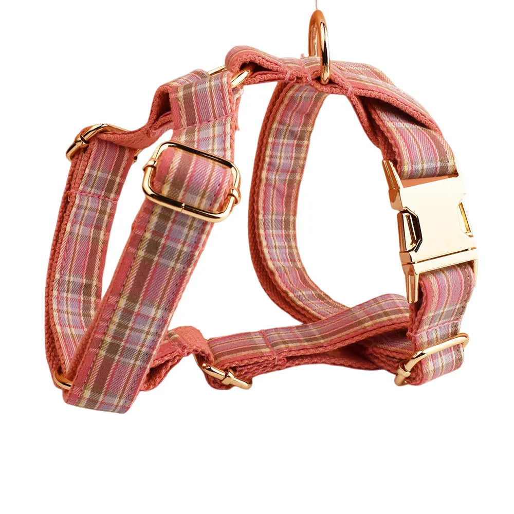 Plaid pattern dog collar and matching leash set with band and bow vest components