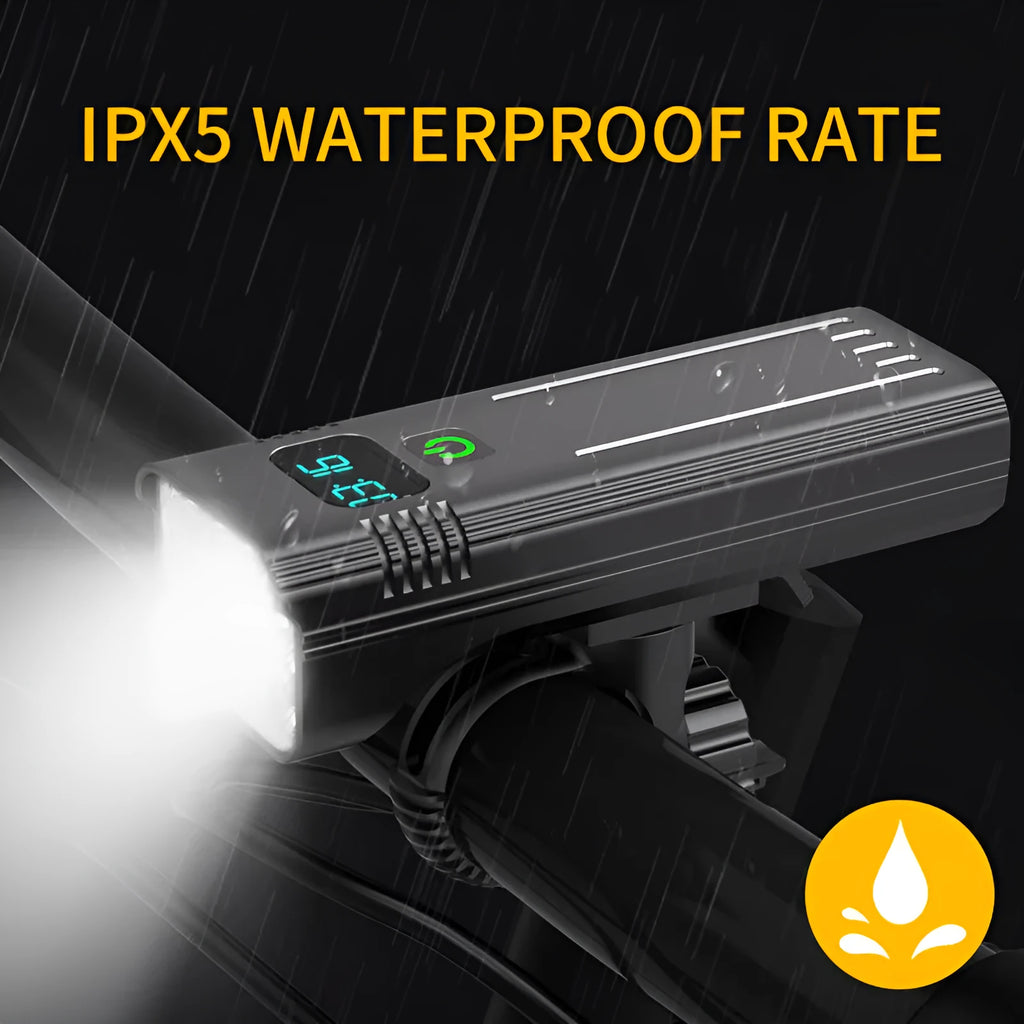 Black KX12DF digital display bicycle headlight with USB port mounted on a 360-degree bracket.