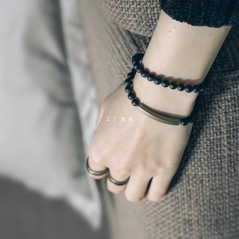 Frosted cut black agate bracelet for women, natural crystal semi-precious stone, 15cm to 18cm sizes