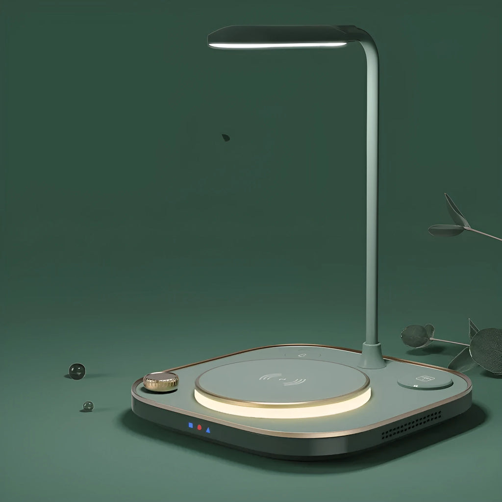 Black three-in-one wireless magnetic charging station with desk lamp and cable on a wooden desk.