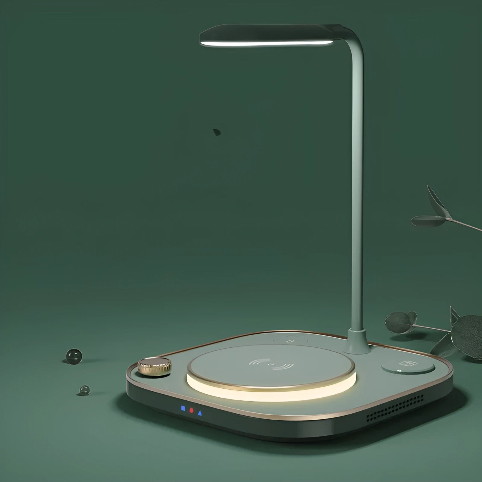 Black three-in-one wireless magnetic charging station with desk lamp and cable on a wooden desk.