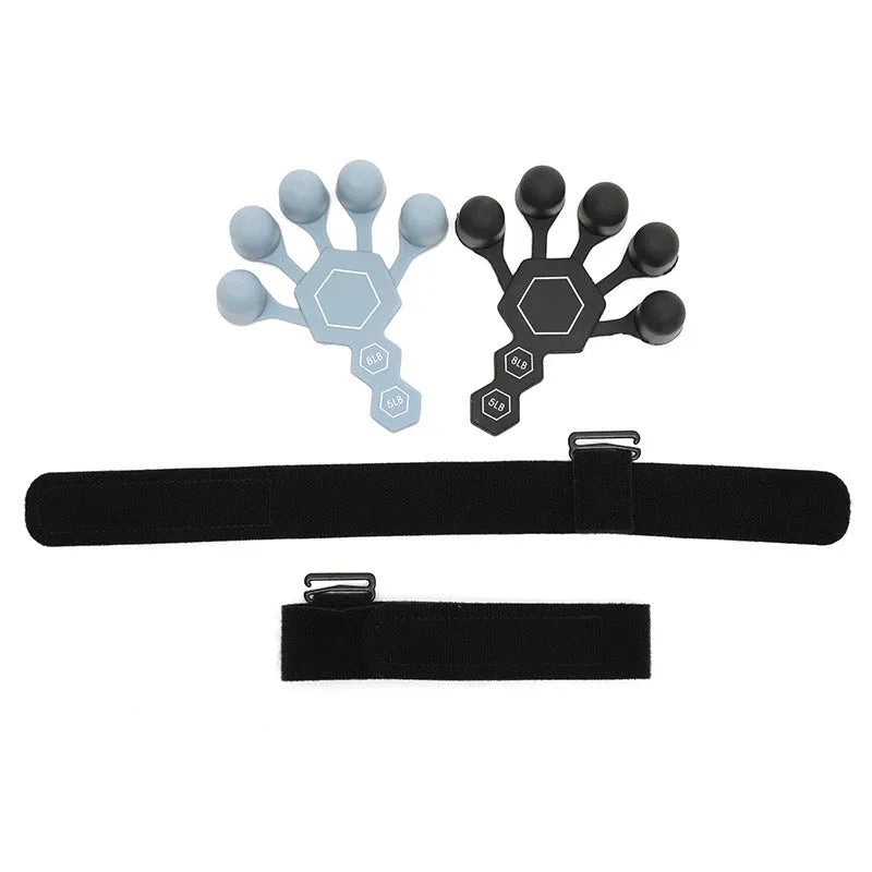 Grey and black silicone 5-finger rehabilitation hand trainer for adult grip strength exercises.
