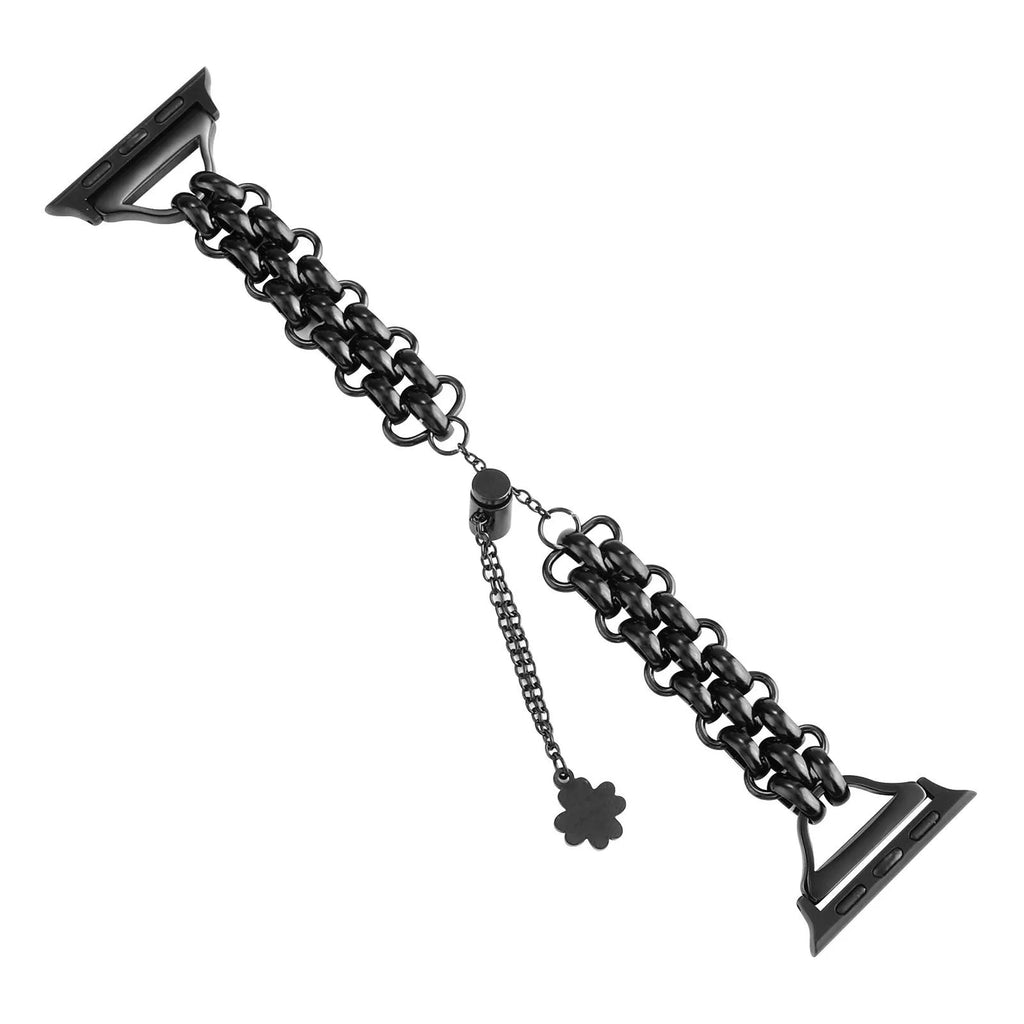 Stainless steel double row chain watch band for Apple Watch in silver on sport-style background