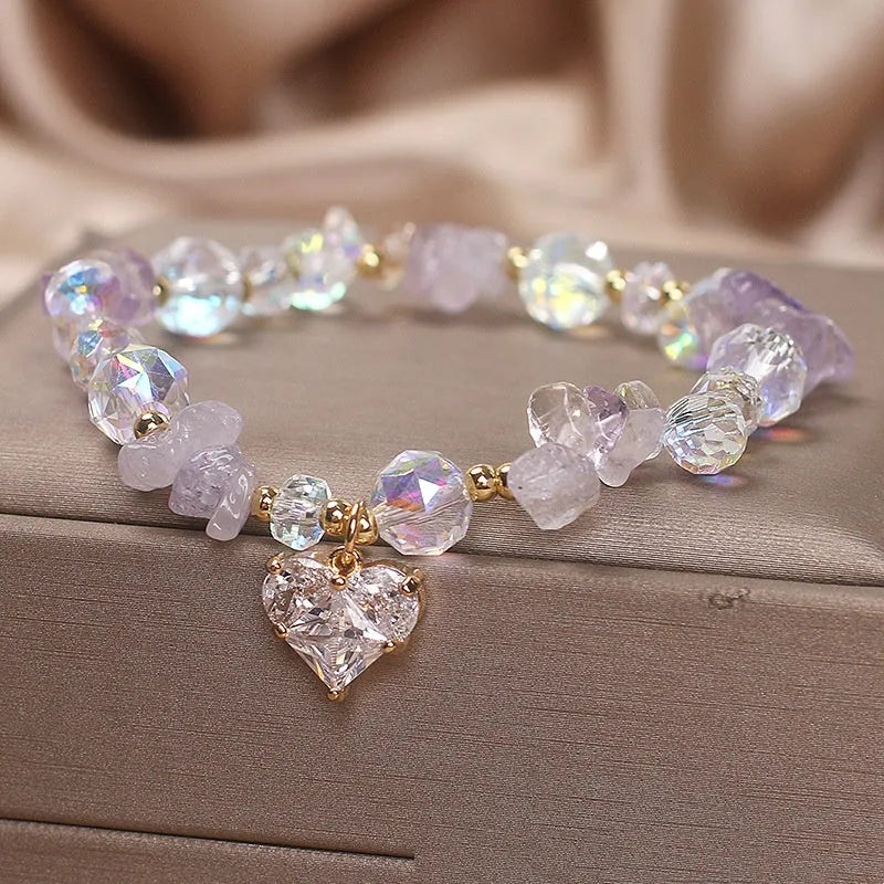 Light purple crystal bracelet with heart-shaped element, Korean fashion women's jewellery for travel souvenir gifting