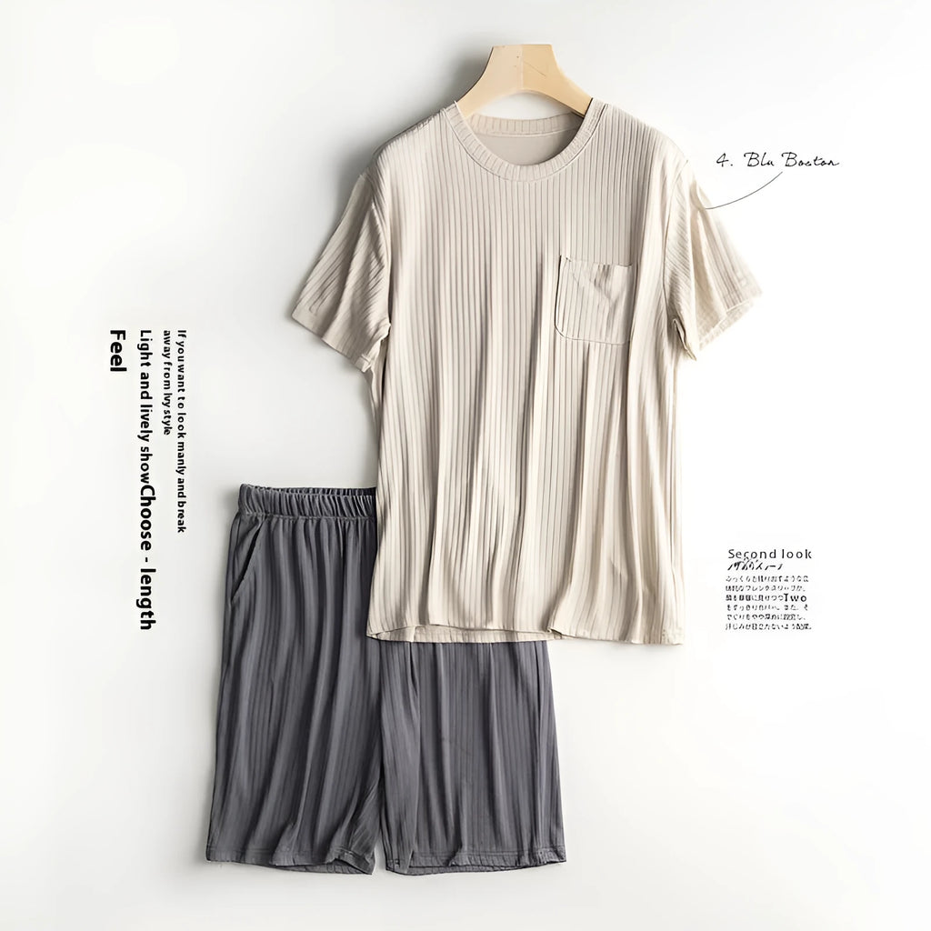 Men's thin polyester summer T-shirt and shorts home wear suit in oatmeal color with deep gray shorts