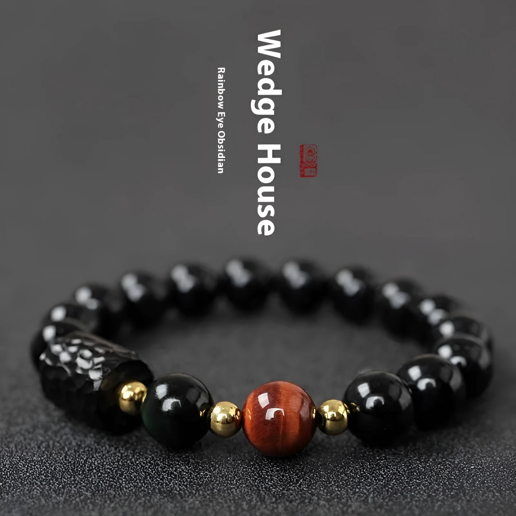 Handmade obsidian bracelet with 10mm yellow tiger eye beads in circular retro design