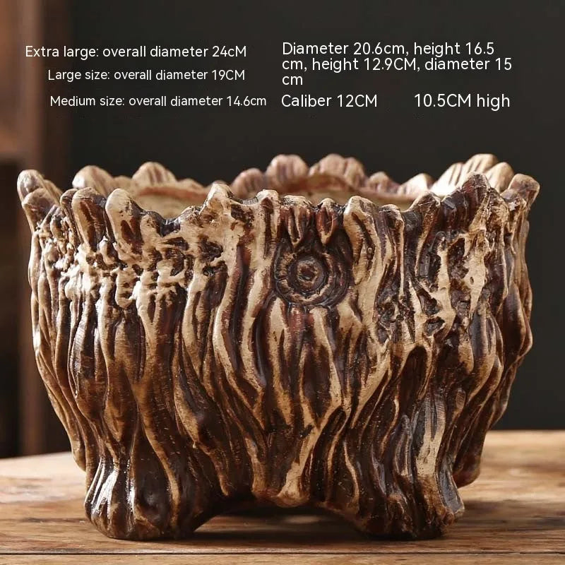 Ceramic wood shaped tree root flower pot in pastoral style, available in three sizes for succulent home gardening