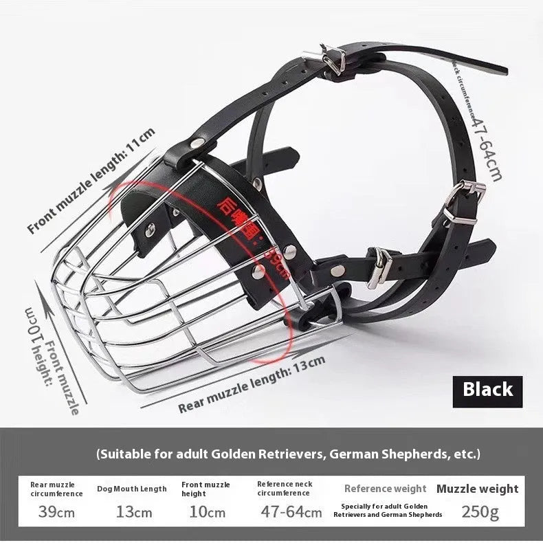 Black zinc-plated steel wire basket muzzle for large dogs, shown with adjustable nylon straps and metal buckles.
