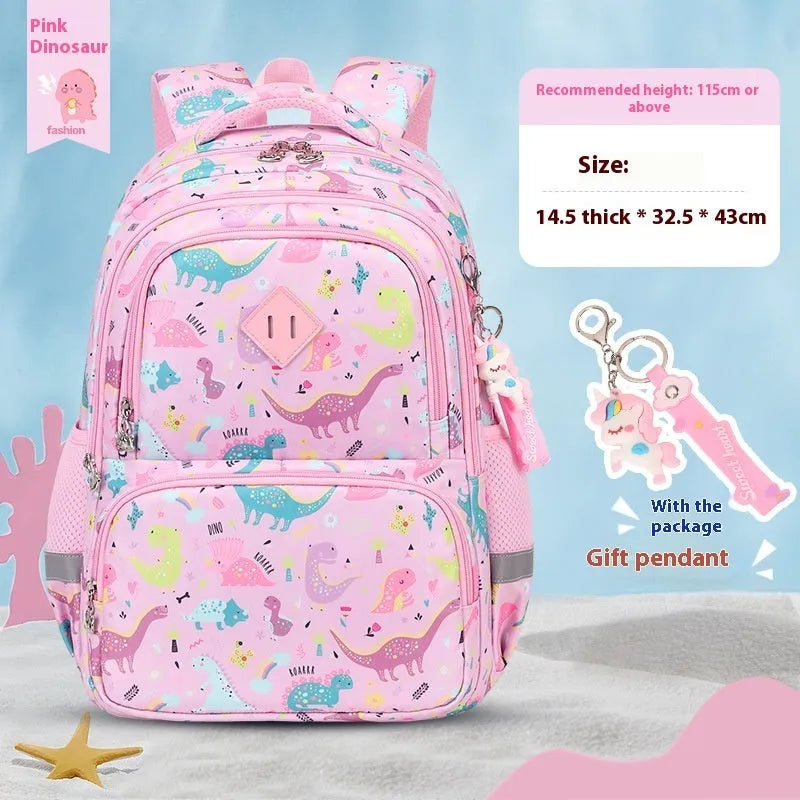 Blue children's school backpack made from Oxford cloth with curved straps, shown in a dinosaur pattern design.
