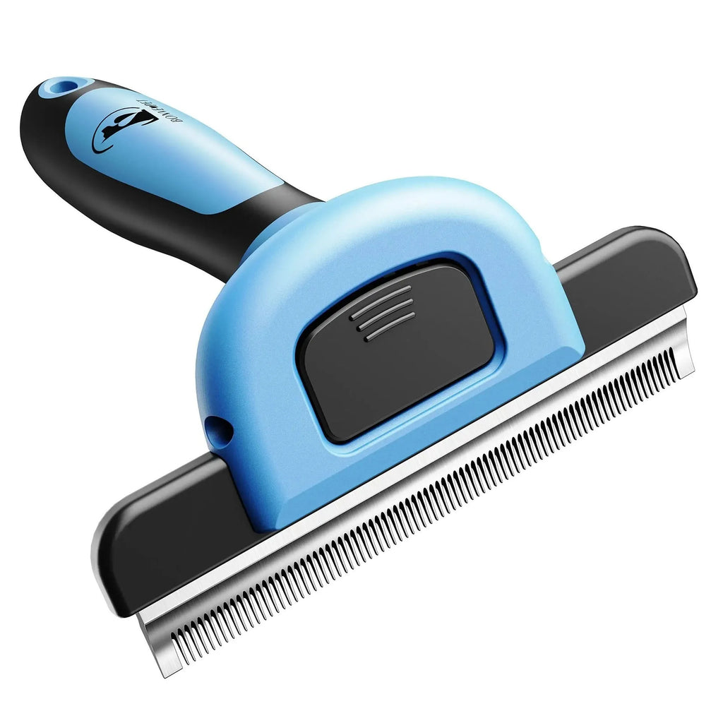 Blue and yellow dog grooming comb with stainless steel teeth for hair removal and knot untying