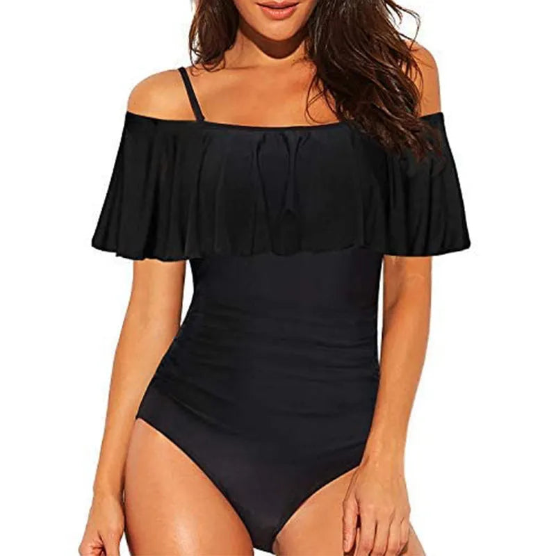 Black women's one-piece cut-out swimsuit with ruffled strap tube top