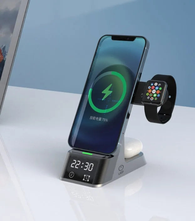 Black multifunctional alarm clock with wireless charging pad, Apple Watch dock, earbud charger and LED display