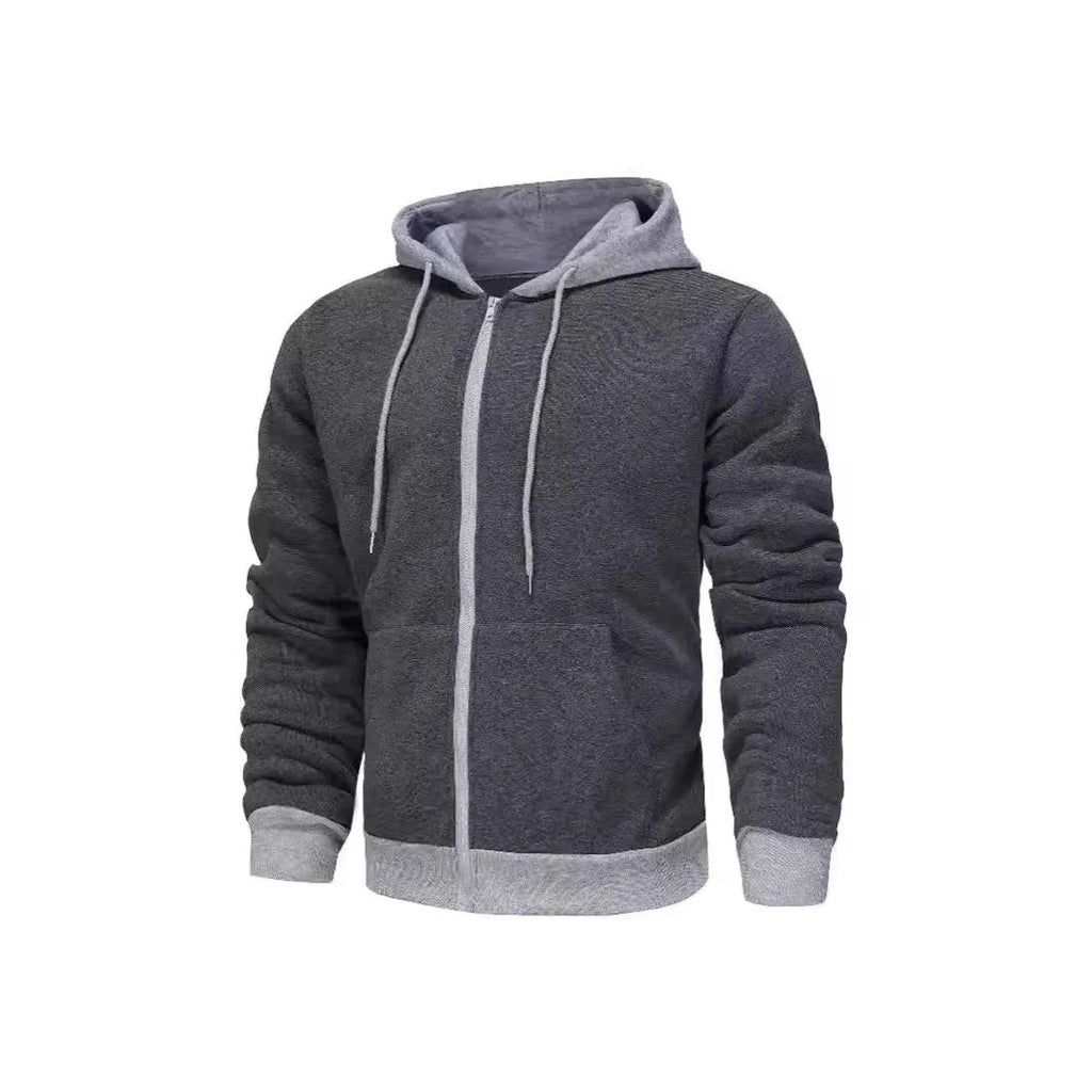 Men's black zip-up hoodie cardigan with a light grey hood on a hanger.
