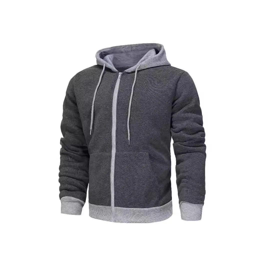 Men's black zip-up hoodie cardigan with a light grey hood on a hanger.