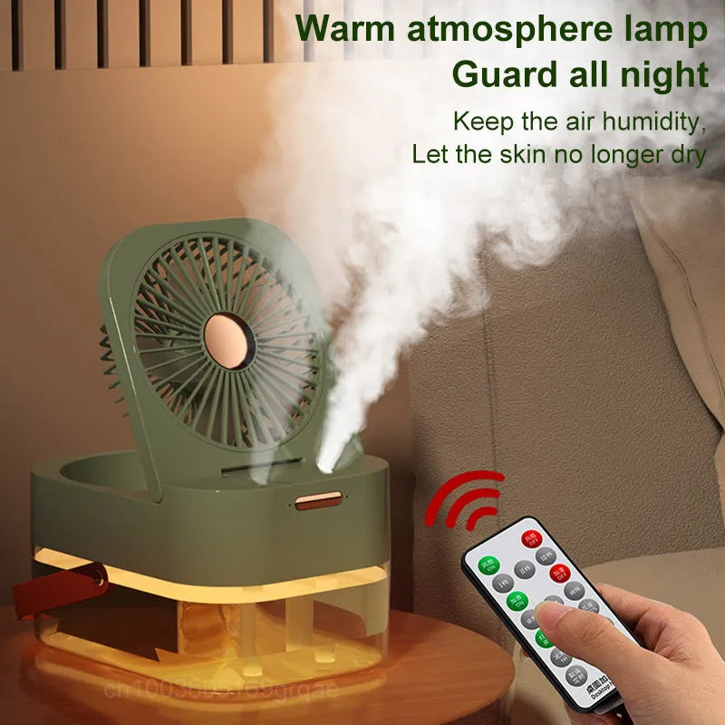 Portable pearl white USB desktop humidifier fan with night light on a wooden desk.