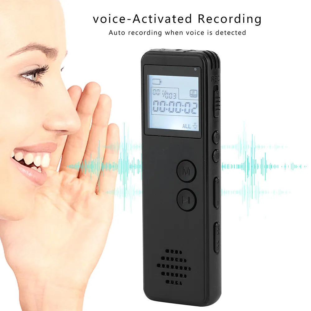 Black matte-finish digital voice recorder with screen, showing one-key recording button and 3.5mm jack.