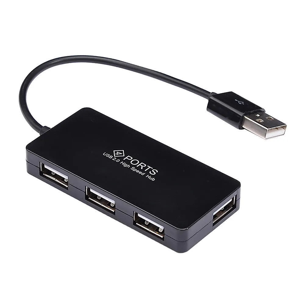Compact black USB 2.0 4-port hub with switch, 70x30x10mm, 14.5cm cable