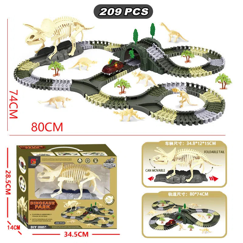 Electric toy DIY assembly skeleton dinosaur track car with 209 plastic pieces on a table