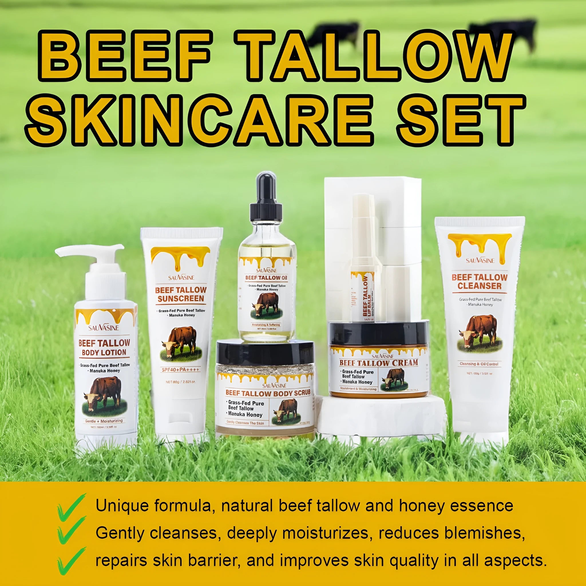 Butter Honey seven-piece skincare set featuring facial cleanser, face cream, lipstick, lotion, scrub, and beef tallow.