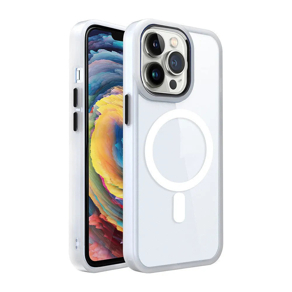 Magnetic transparent silicone phone case for iPhone on a MagSafe charger, showing clear back and coloured bumper.