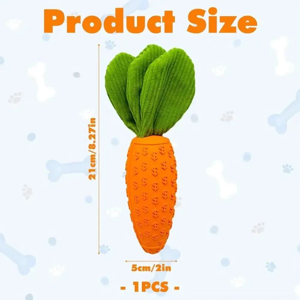 Orange carrot-shaped dog chew toy made of rubber and plush, measuring 21x5x5cm with a squeaker