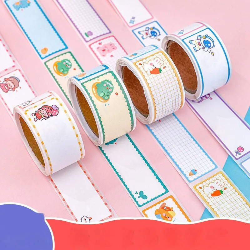 Roll of colourful cartoon name tape stickers with dinosaur and astronaut designs for labelling.