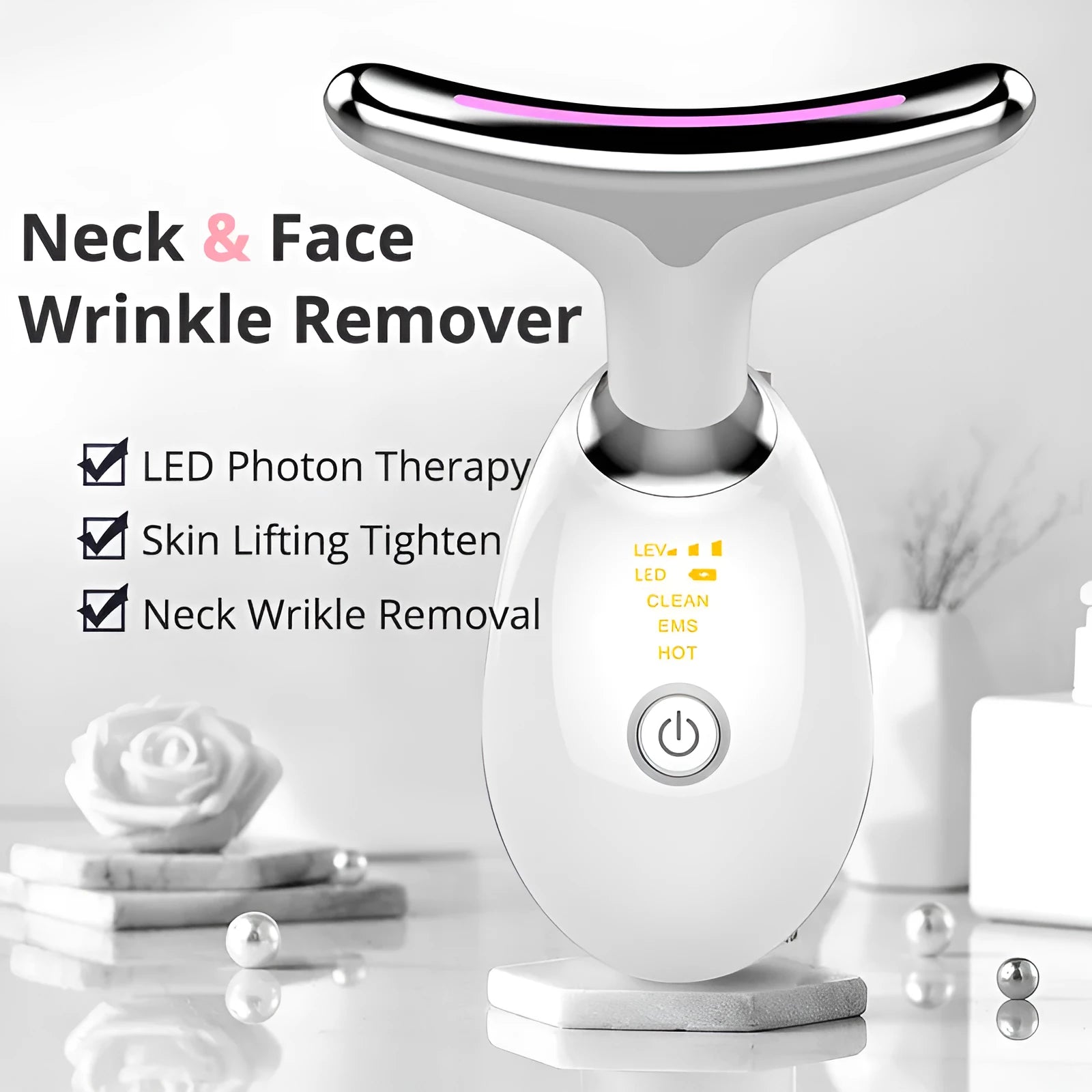 Black and silver EMS thermal neck lifting massager with LED lights for skin tightening and wrinkle reduction.