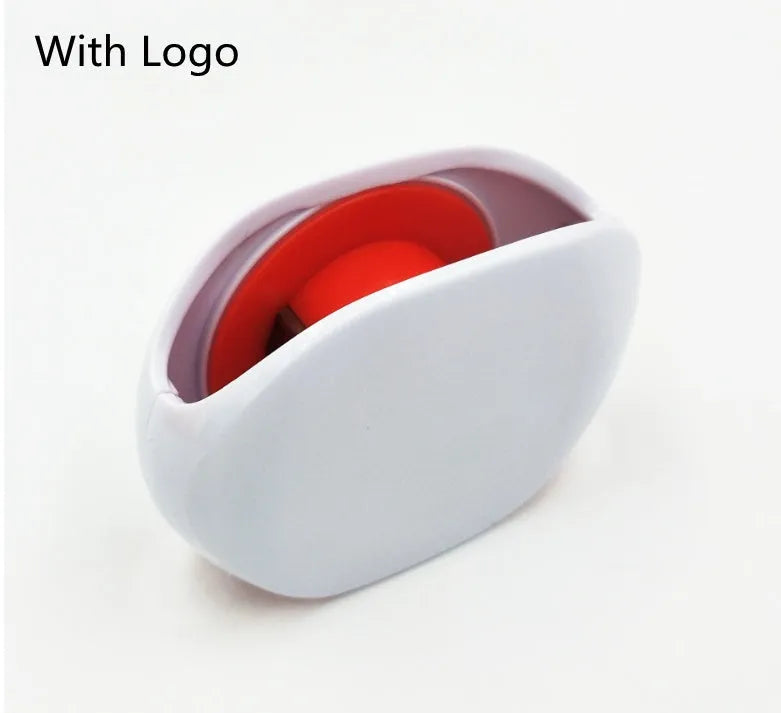 Automatic earphone cable winder showing white, blue, and black units with cable retracted into 72mm storage box.