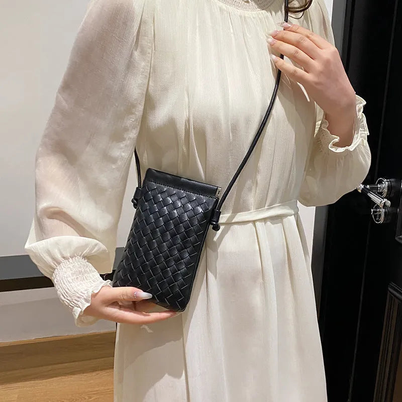 Vintage Weave pattern PU crossbody bag in square vertical shape, shown in khaki colour.