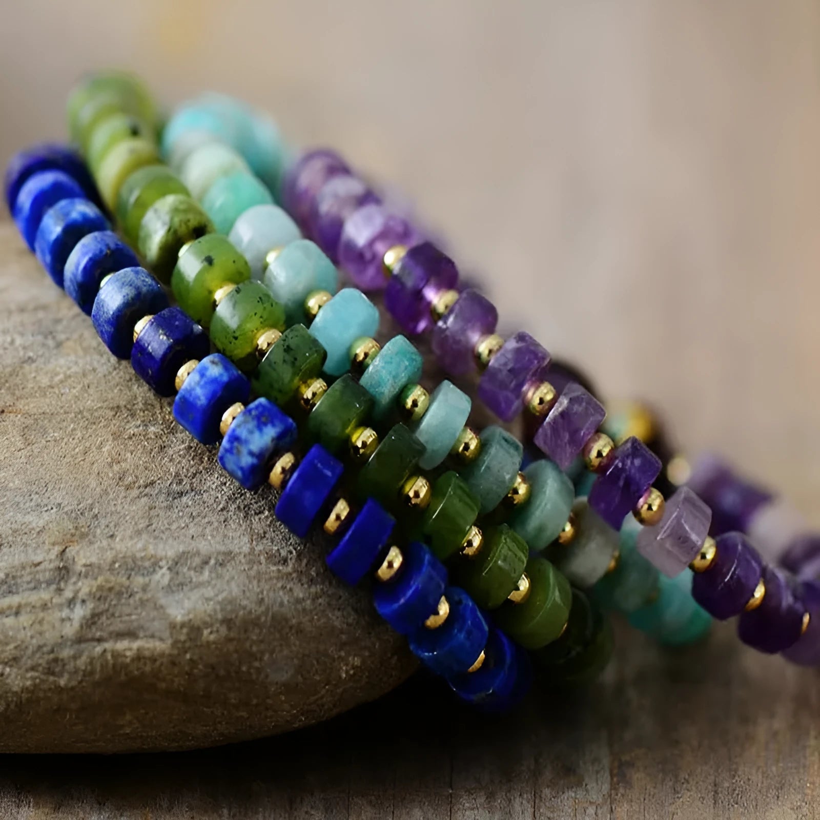 Handmade natural stone beaded bracelet with round lapis amethyst agate beads