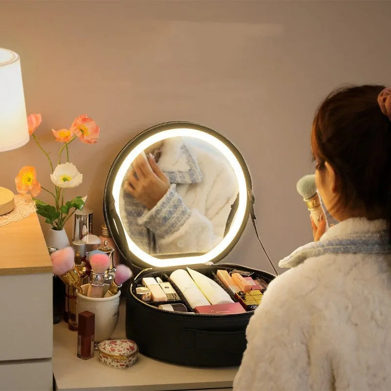 Round Cherry Blossom Pink LED makeup bag with mirror open, showing internal compartments and adjustable lights.