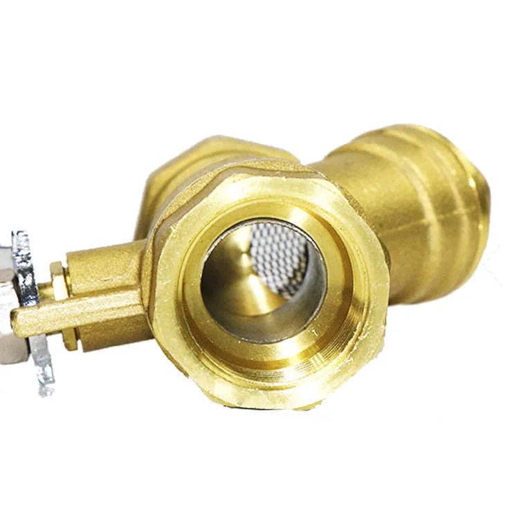 Brass Y-shaped filter ball valve with red handle and threaded ends.