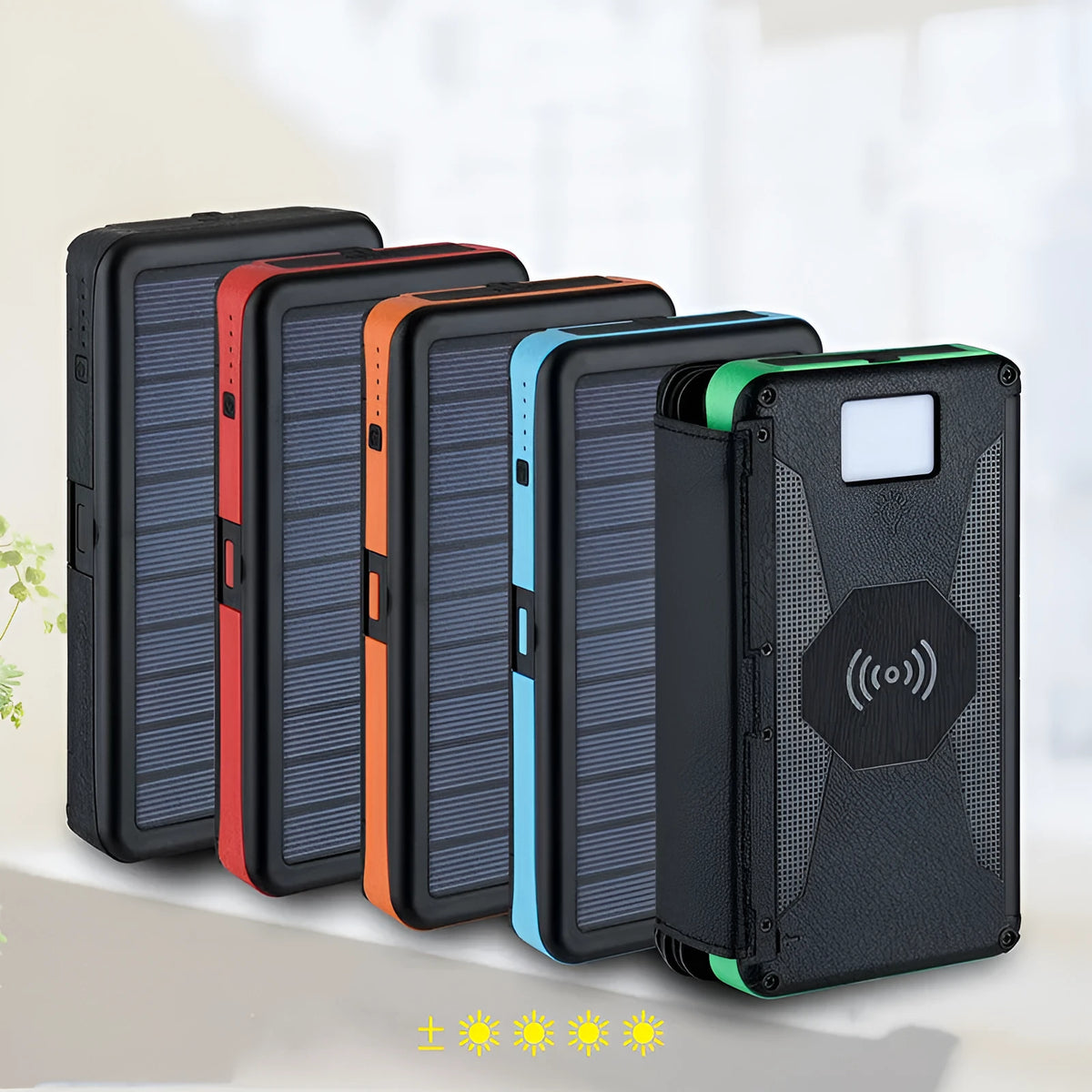 20000mAh magnetic solar power bank with wireless charging pad, IPX5 waterproof, in black