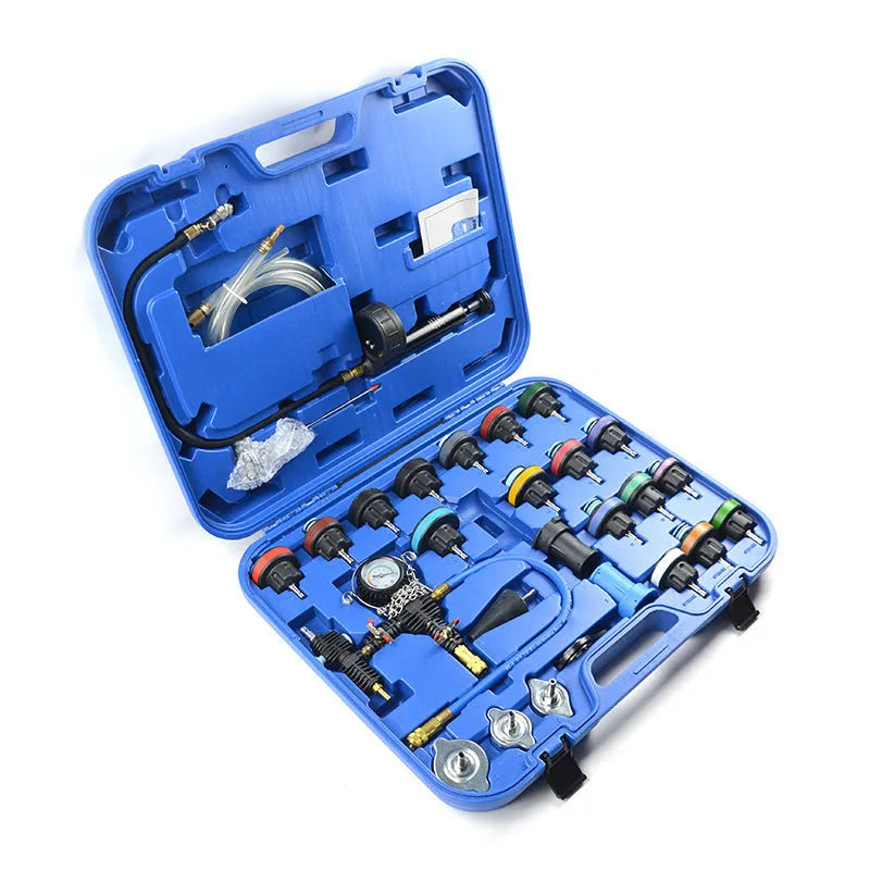 28-piece automotive cooling system diagnostic toolkit with pressure tester and vacuum purge functions