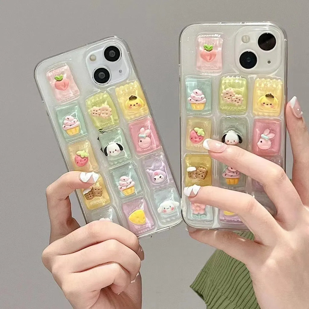 Three-dimensional candy colour TPU adhesive phone case for iPhone on a white background