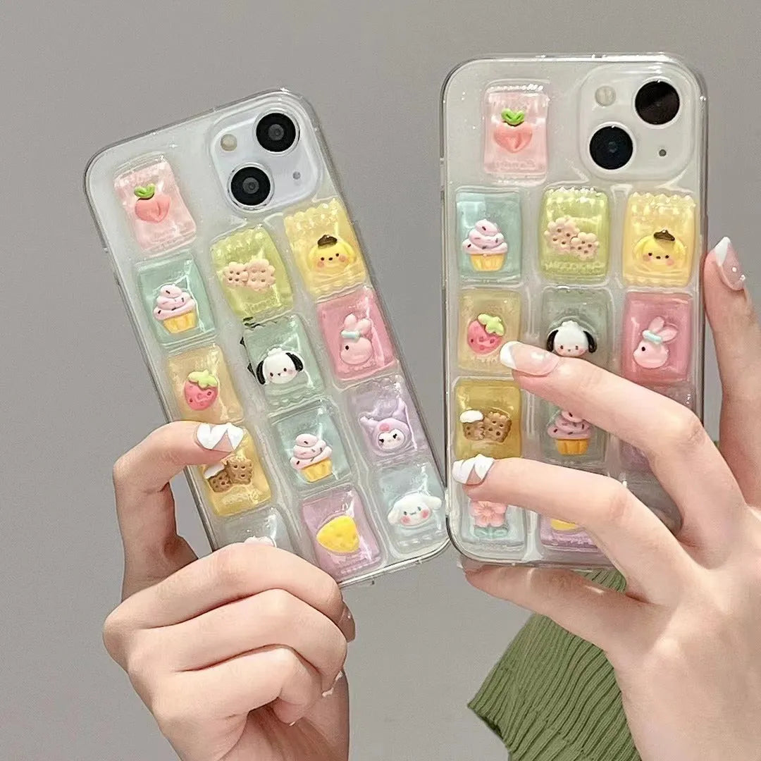Three-dimensional candy colour TPU adhesive phone case for iPhone on a white background